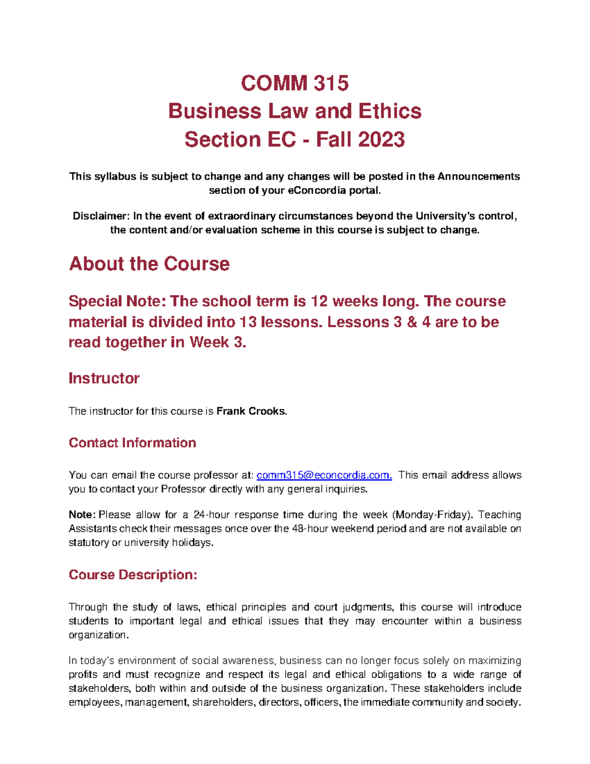 COMM 315 - Course Outline - COMM 315 Business Law and Ethics Section EC ...