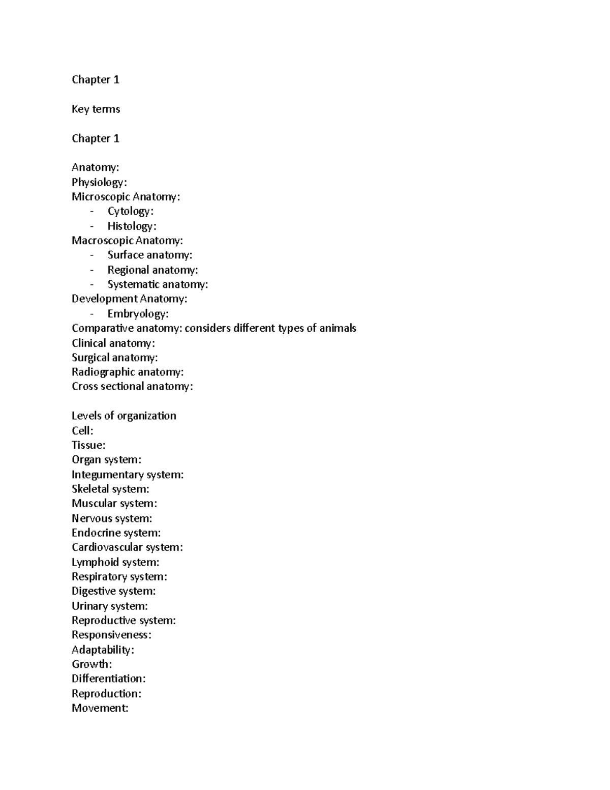 Blank sheet for test review - Chapter 1 Key terms Chapter 1 Anatomy ...