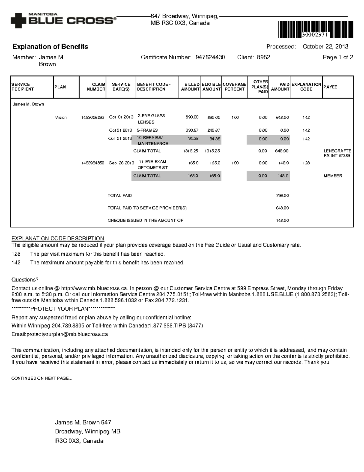 Blue Cross Explanation Of Benefit 5 - Explanation Of Benefits Processed 