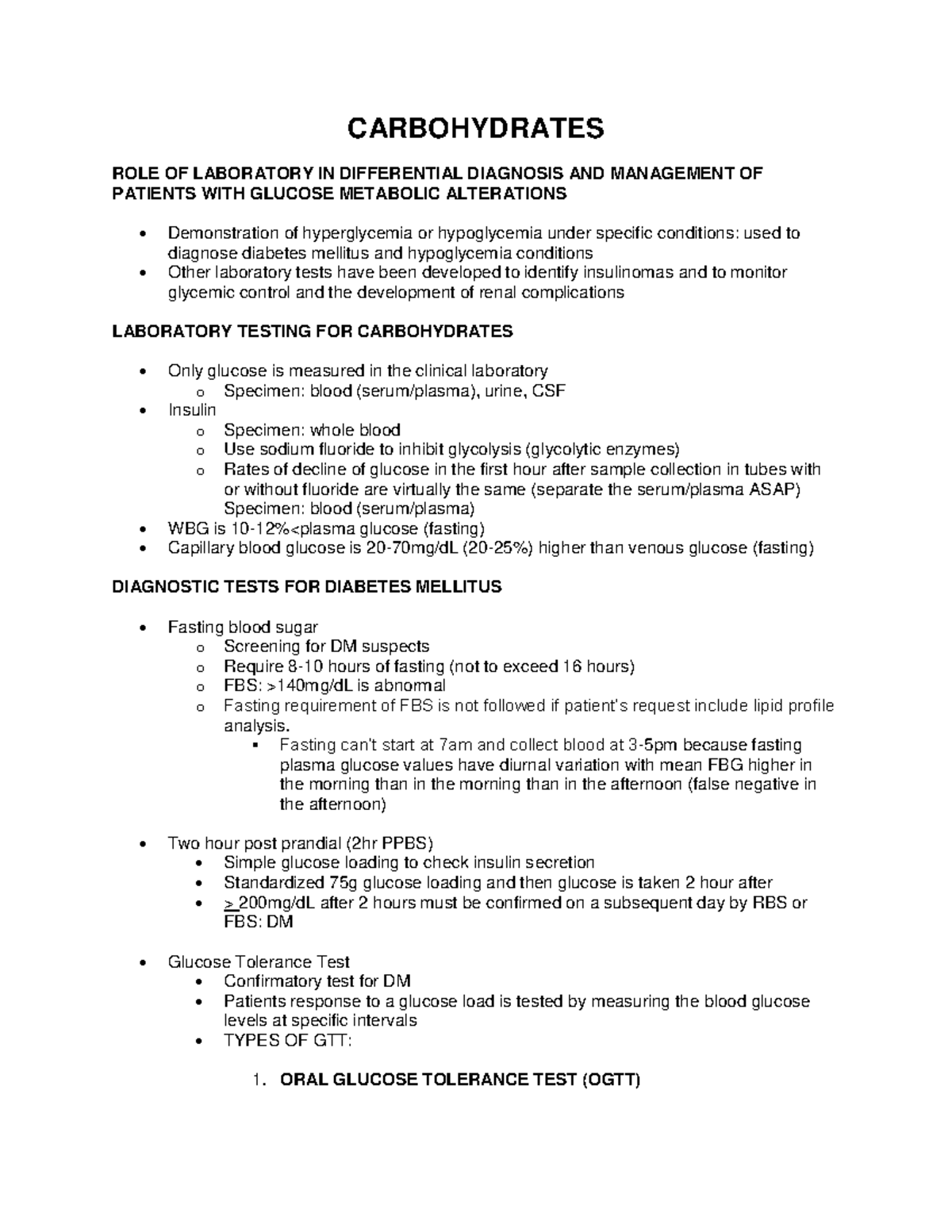 Carbohydrates Clinical Chemistry 1 notes. Semifinals CARBOHYDRATES ROLE OF LABORATORY IN
