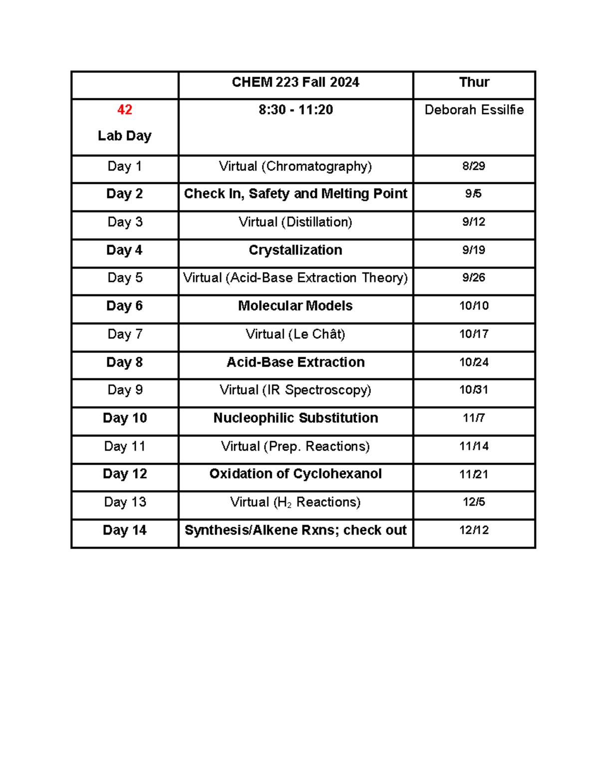 Chem 223 S42(5) - syllabus - CHEM 223 Fall 2024 Thur Lab Day - Day 1 ...