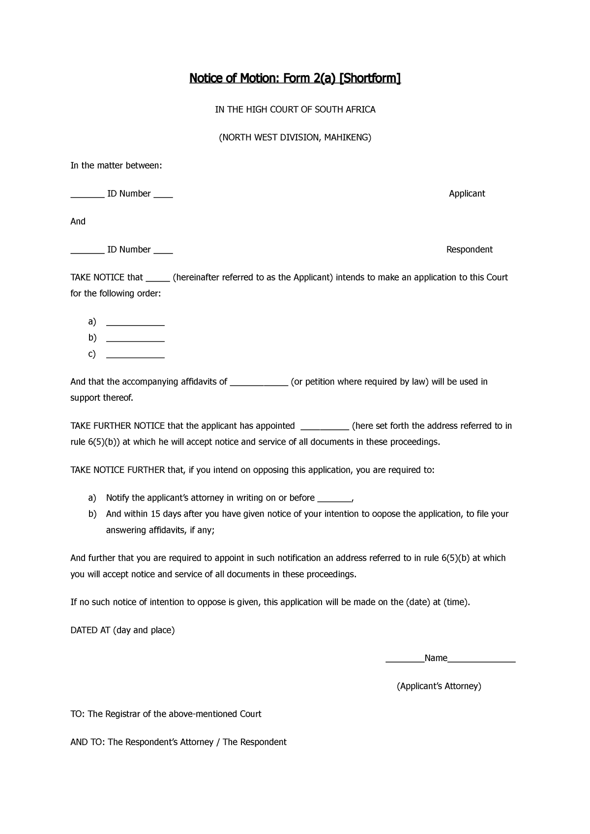 Application Notice of Motion Shortform 2(a) - Notice of Motion: Form 2 ...