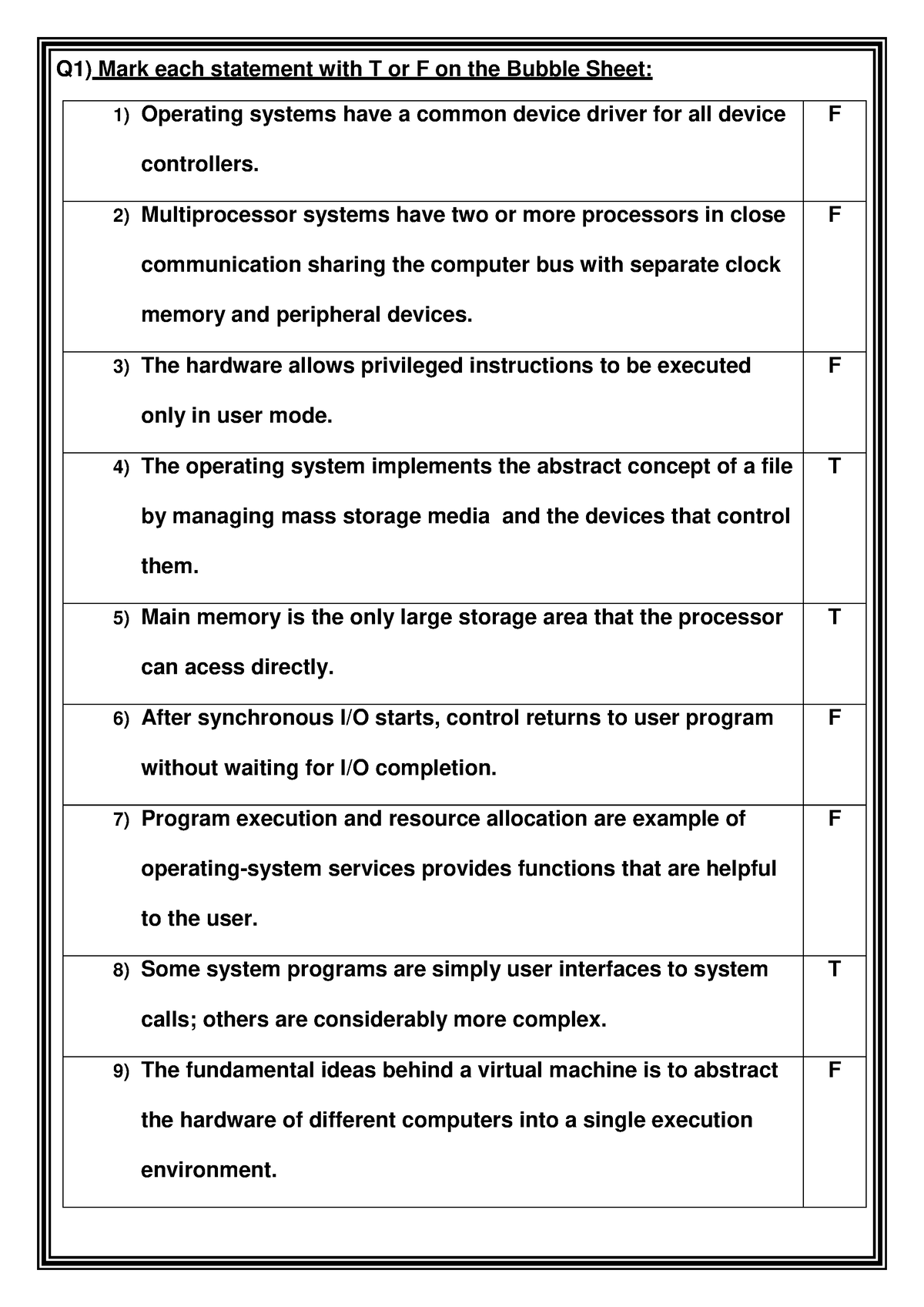 OS MCQ - Mcq - Q1) Mark Each Statement With T Or F On The Bubble Sheet ...