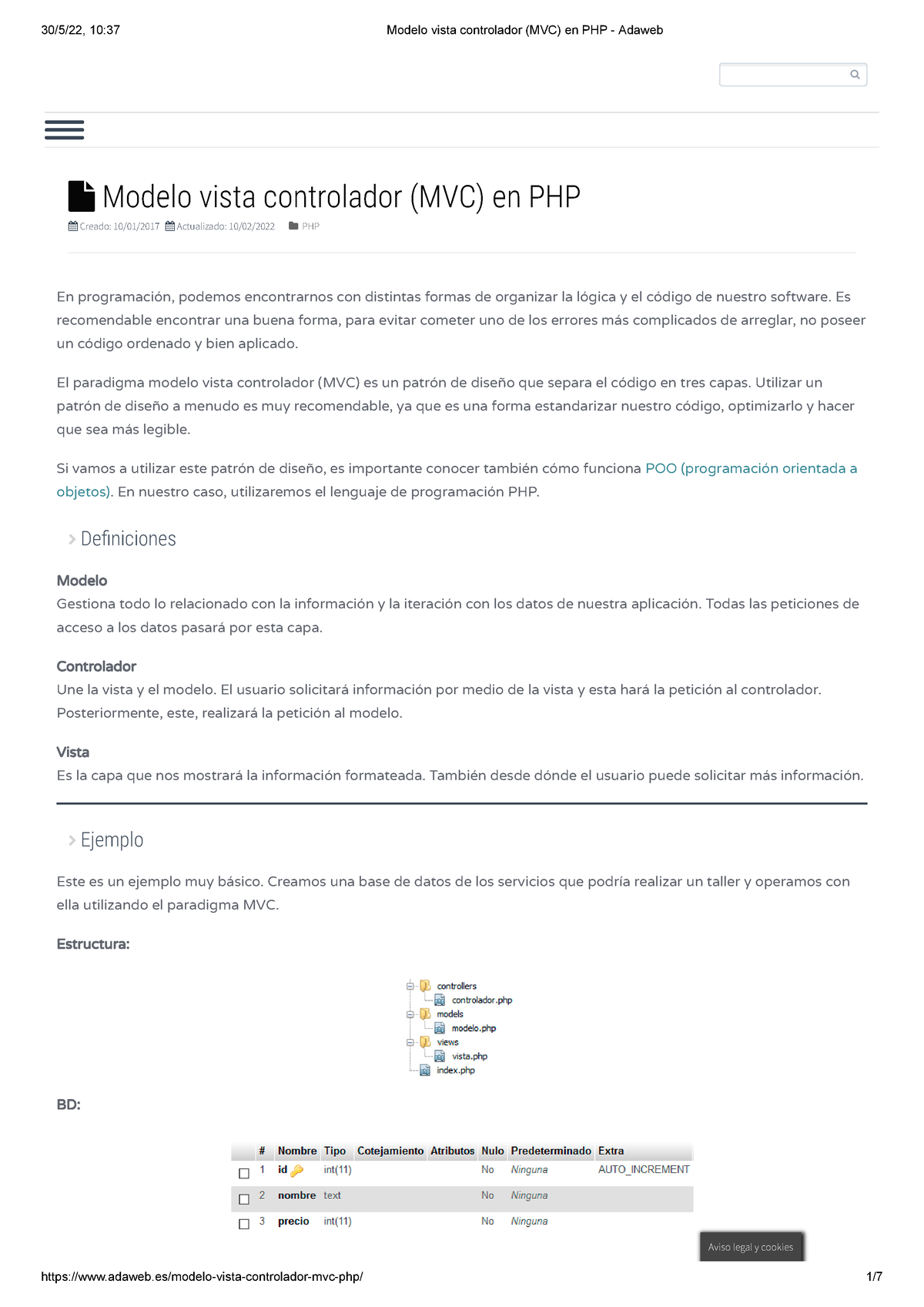Modelo vista controlador (MVC) en PHP - Adaweb - En programación, podemos  encontrarnos con distintas - Studocu