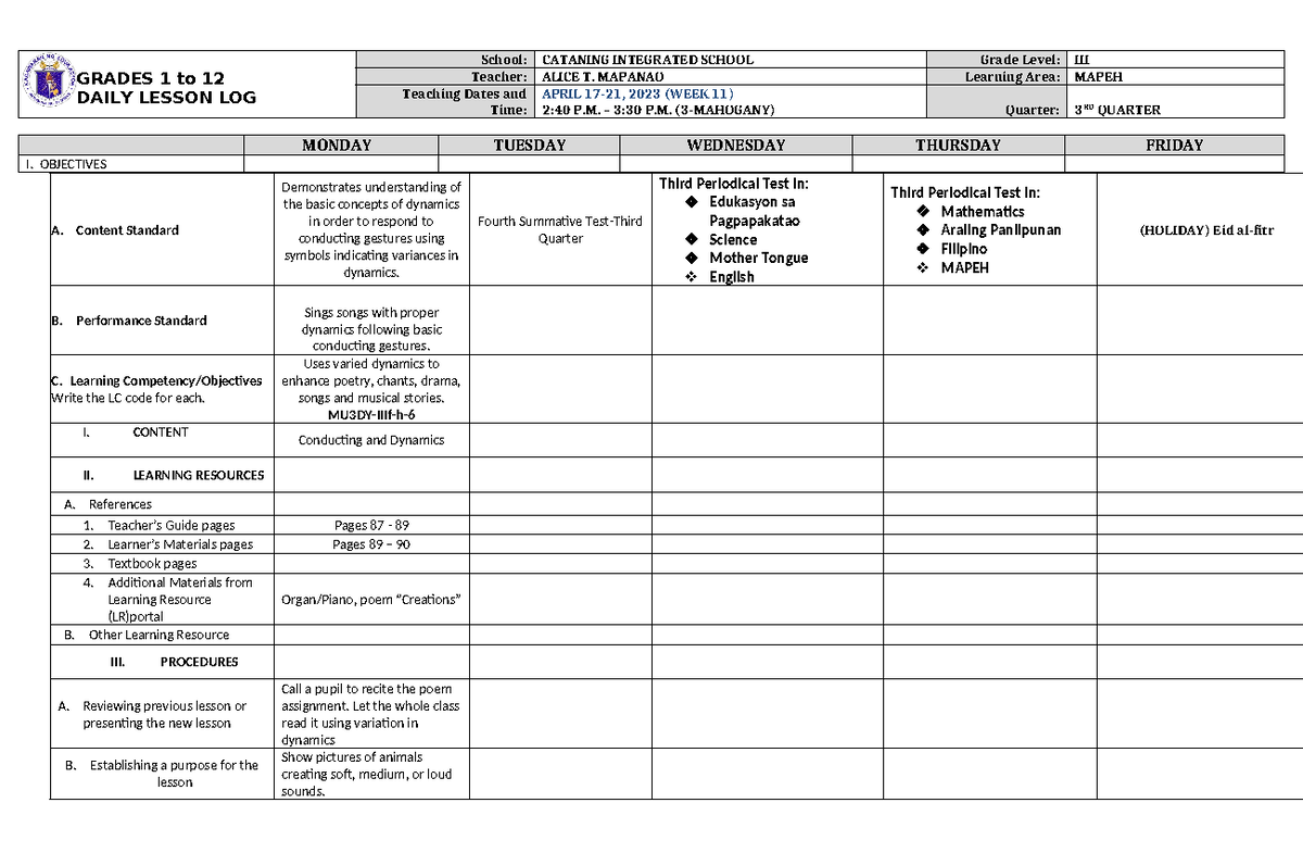 DLL Mapeh 3 Q3 W11 - DLL - GRADES 1 to 12 DAILY LESSON LOG School ...