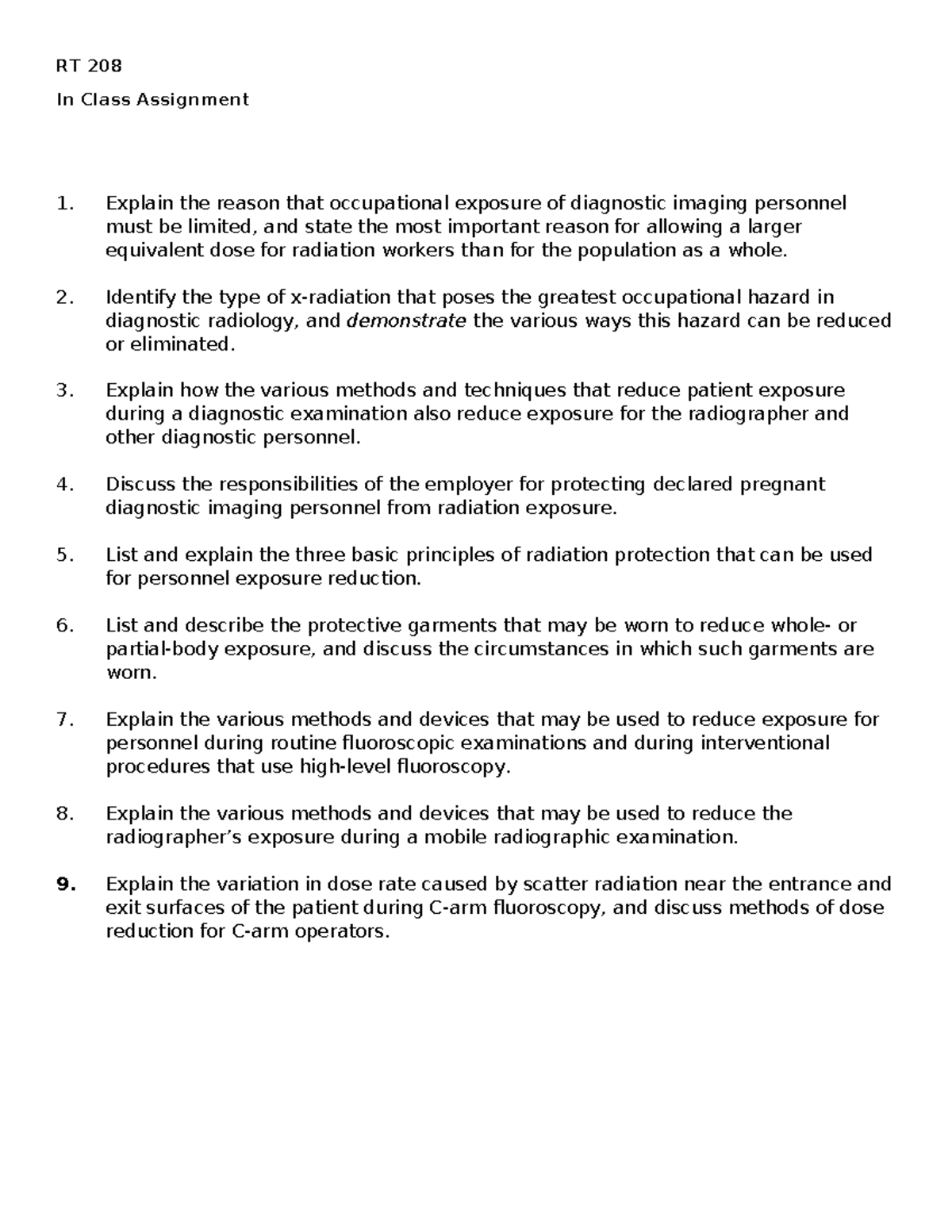RT 208 Personnel Protection Assgn 1 - RT 208 In Class Assignment 1 ...