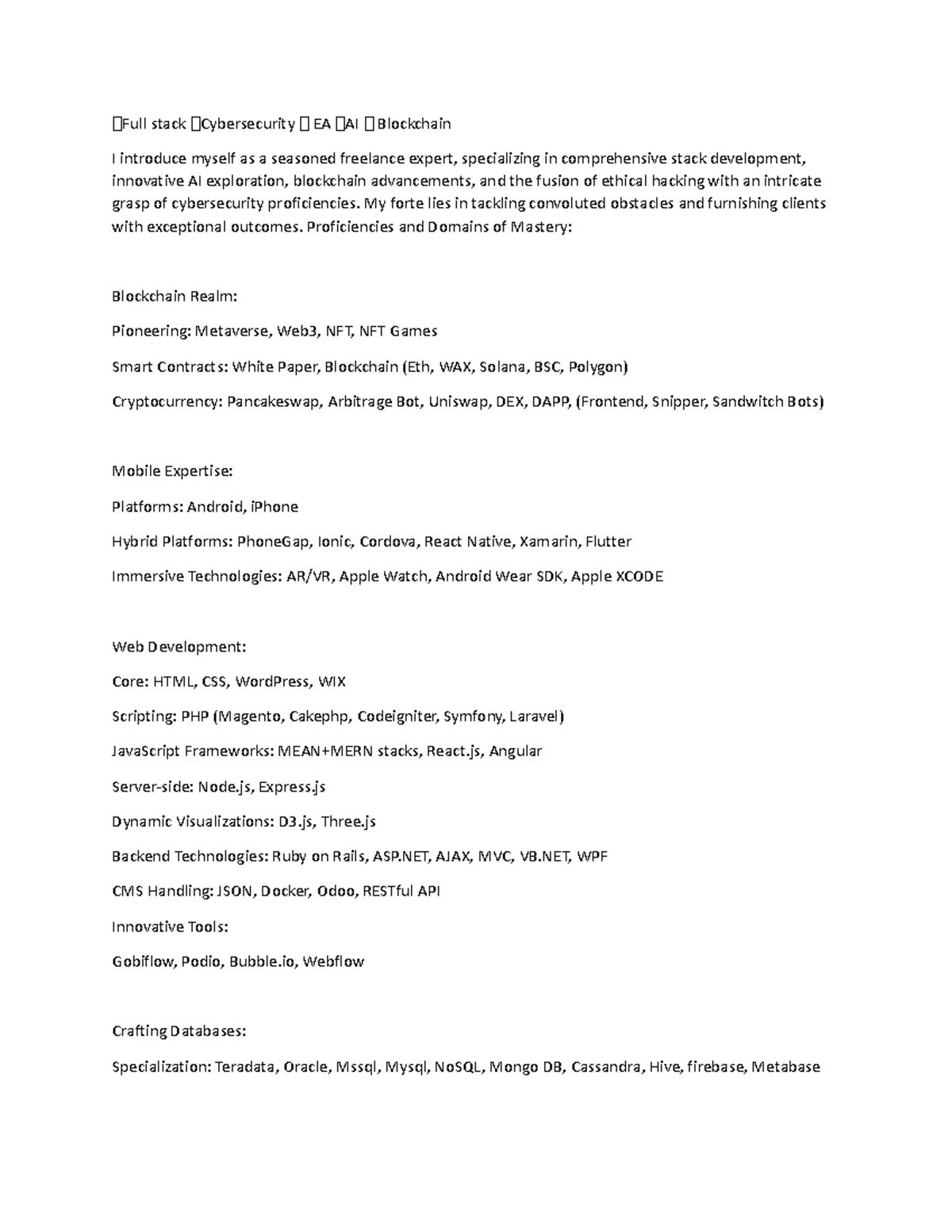 Freelancer Profile - Full stack Cybersecurity EA AI Blockchain I ...