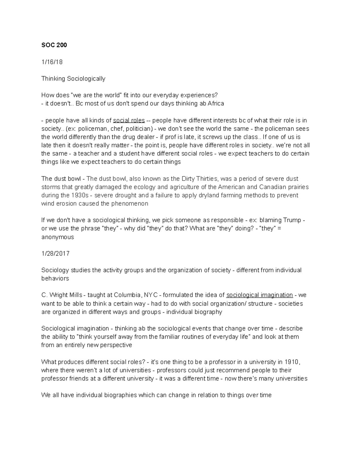 Soc 200 - Lecture notes all - SOC 200 1/16/18 Thinking Sociologically ...