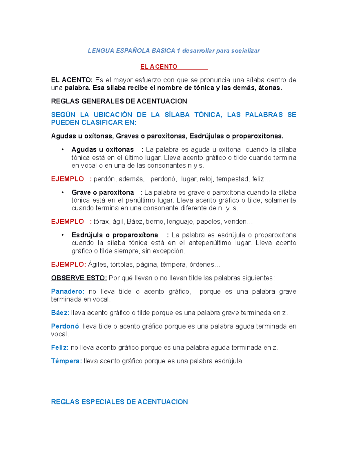 Lengua Española Basica 1 El acento copia LENGUA ESPAÑOLA BASICA 1