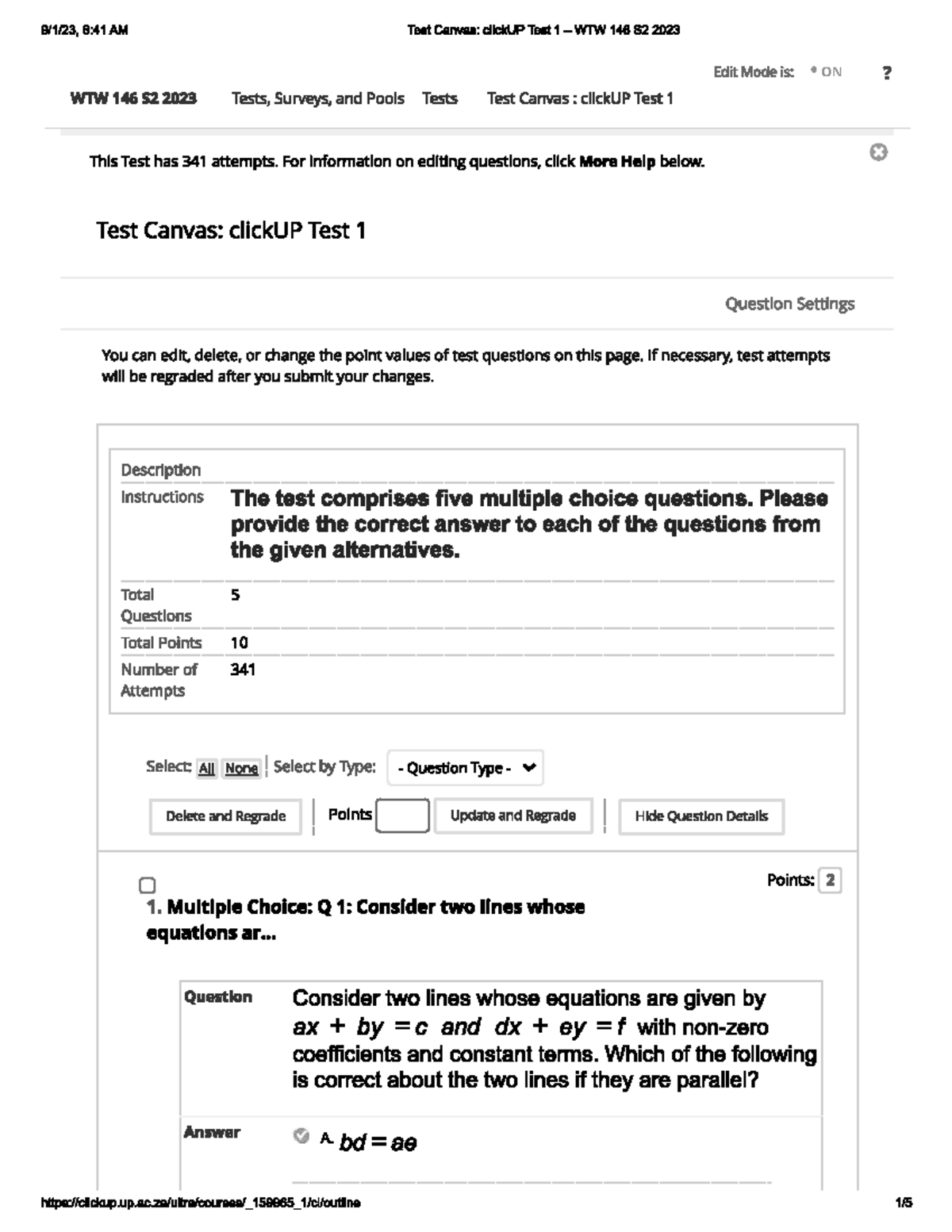 WTW 146 (Linear Algebra) ClickUp Semester Test 1 - 8:41 AM Test Canvas ...