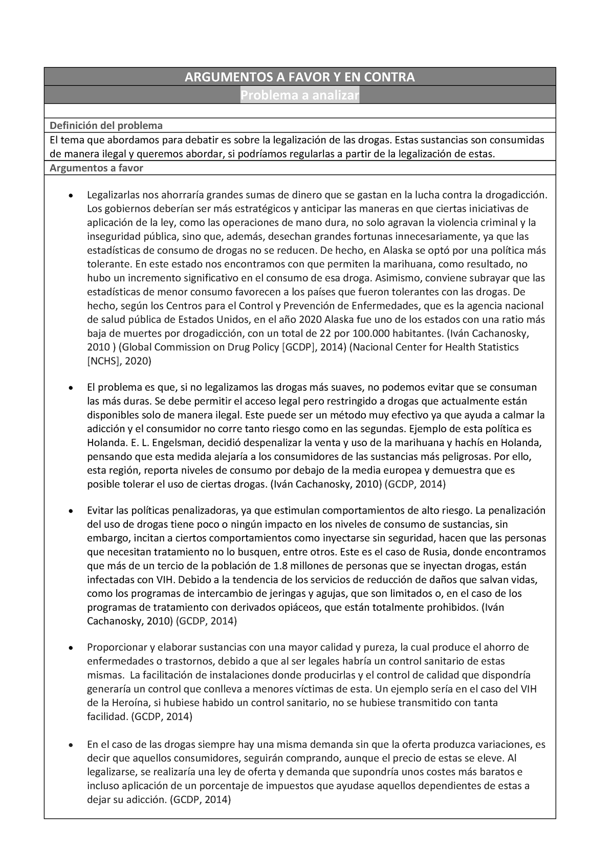 Seminarios 2b - ARGUMENTOS A FAVOR Y EN CONTRA Problema A Analizar ...