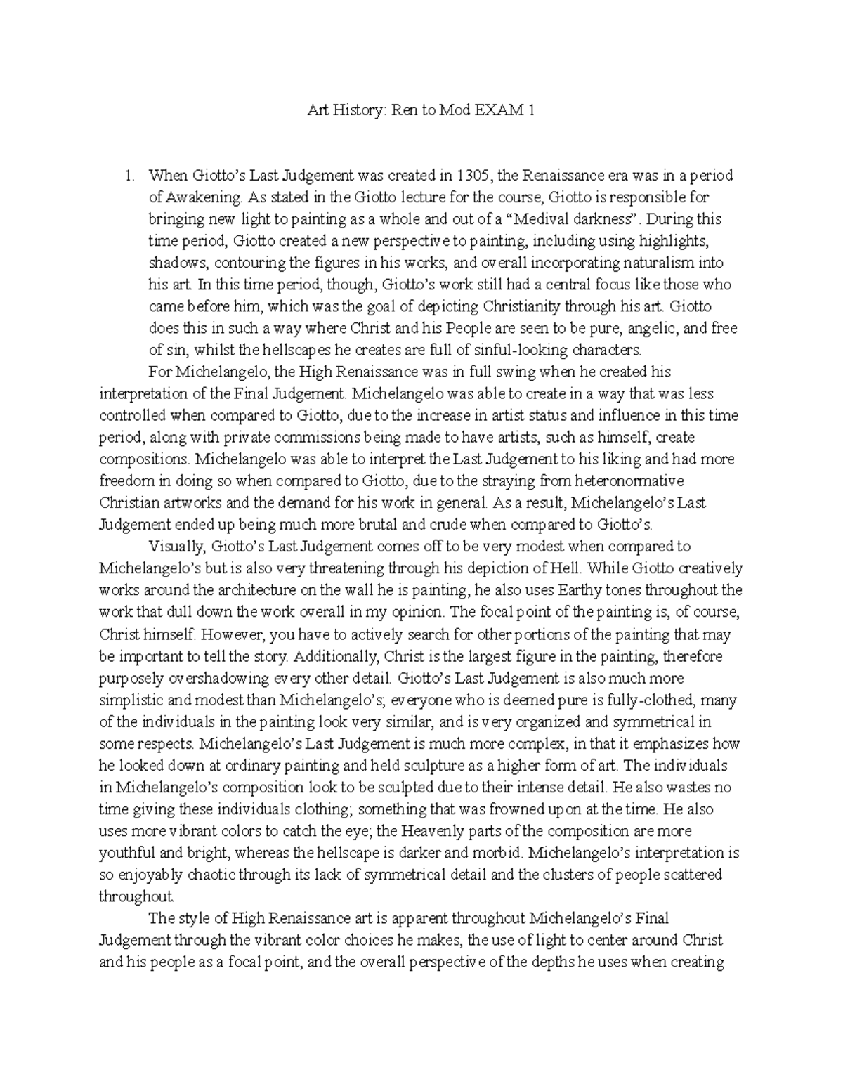 Art History Exam 1 guide Art History Ren to Mod EXAM 1 When Giotto’s