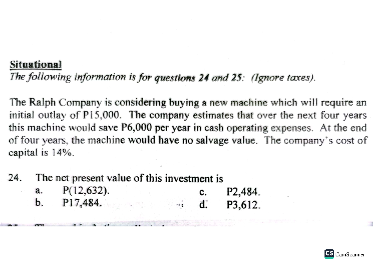 Capital Budgeting Problems Bs Accountancy Studocu