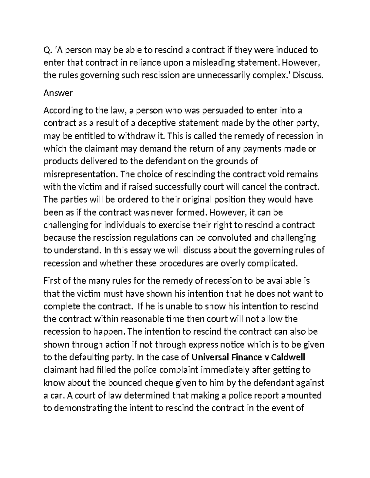 Recession Answer - Q. ‘A person may be able to rescind a contract if ...