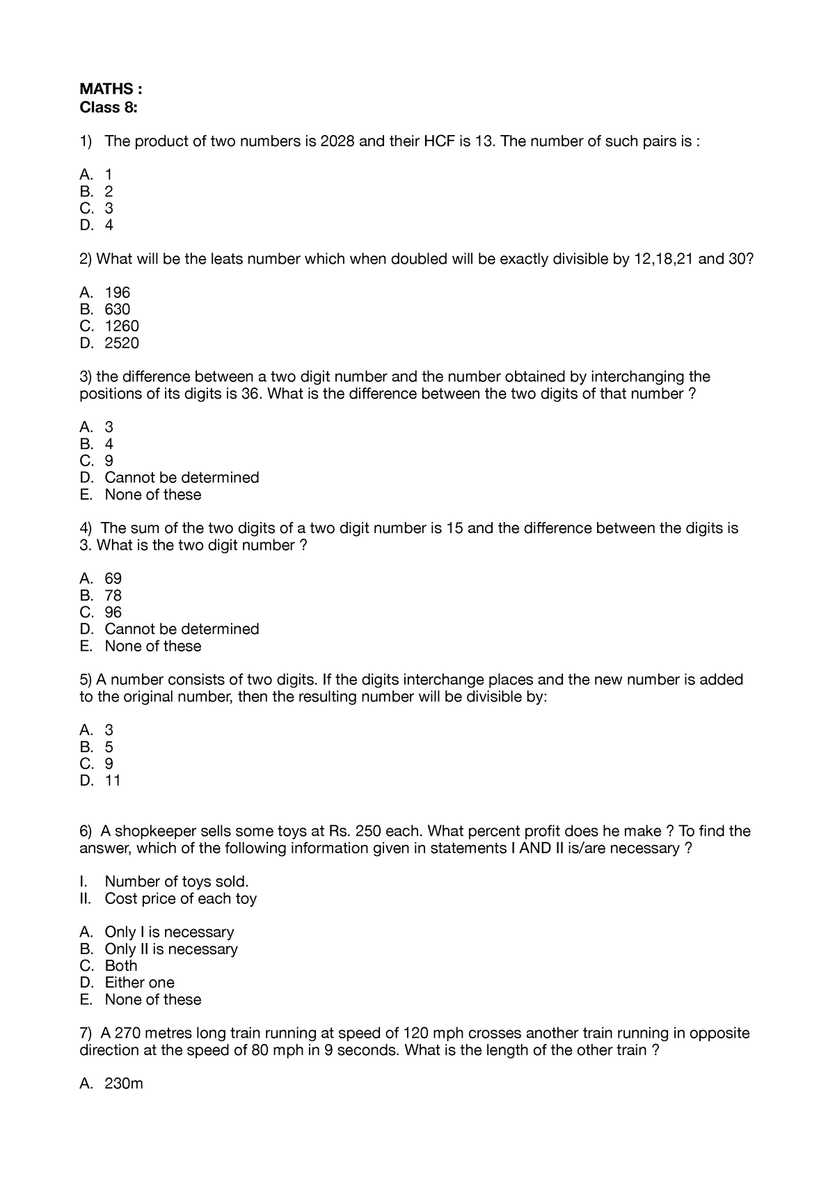 Aptitude Test For Maths Required For MATHS Class 8 The Product Of 