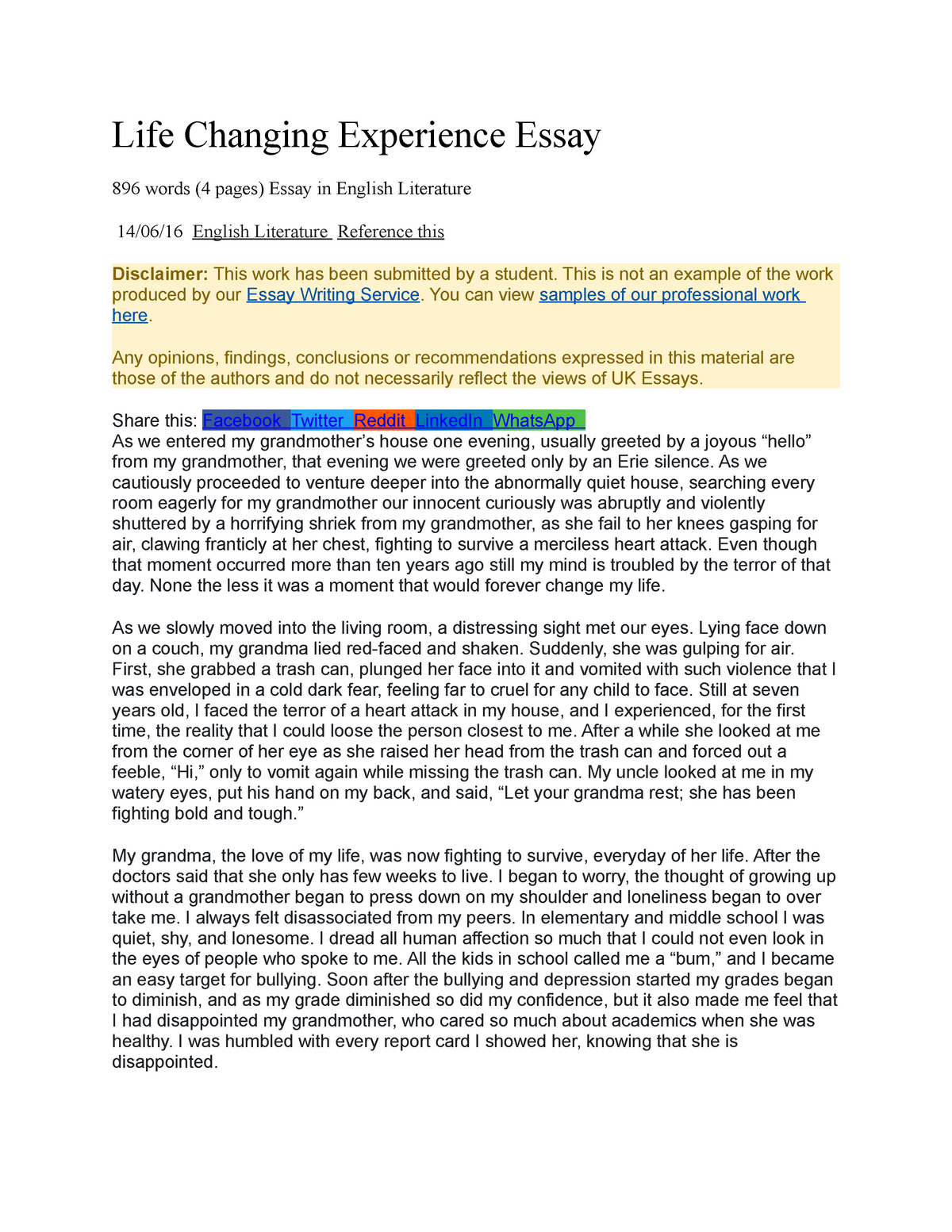 life changing experience essay 400 words