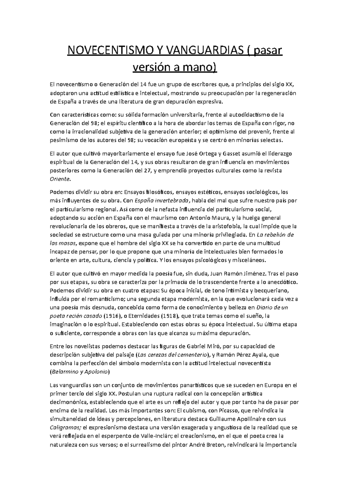 Novecentismo Y Vanguardias Novecentismo Y Vanguardias Pasar Version A Mano El Novecentismo O Studocu