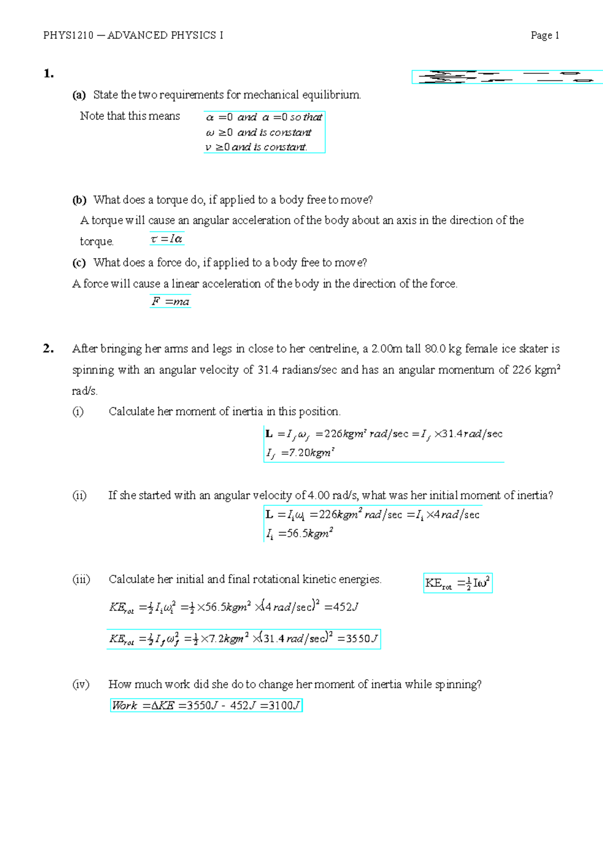 Exam 6 June 2013, questions and answers - PHYS1210 ─ ADVANCED PHYSICS I ...