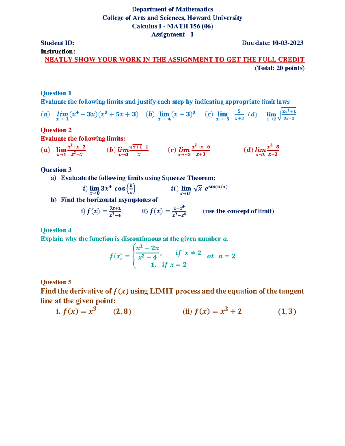 Assignment 1 - calc hw - Department of Mathematics College of Arts and ...