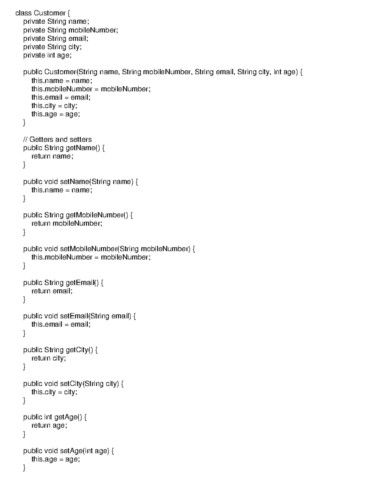 DSA Reservation - Summary HND Computing - class Customer { private ...