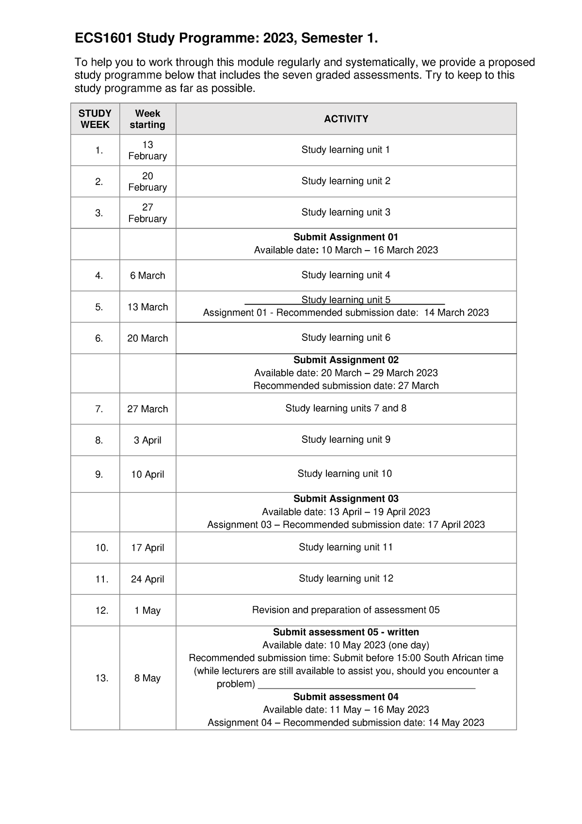 2023 ECS1601 Study Programme Semester 1 - STUDY WEEK Week Starting ...