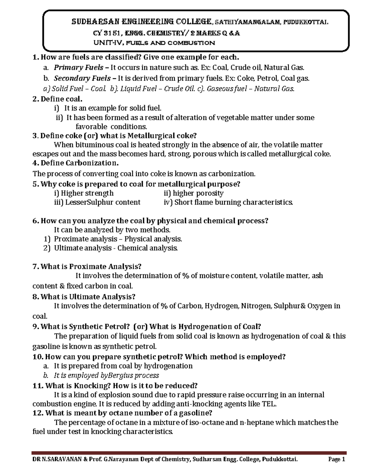 Unit 4 Fuels And Combustion Cy3151 - 1. How Are Fuels Are Classified ...