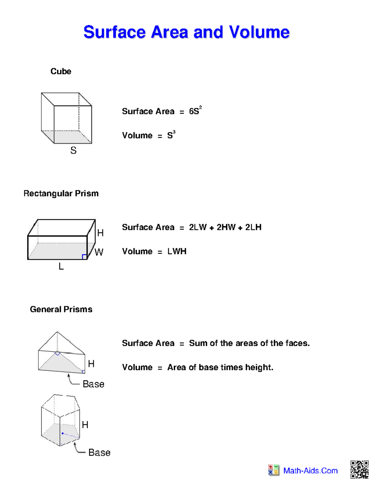 Volume facts - Math-Aids Surface Area and Volume Surface Area and ...