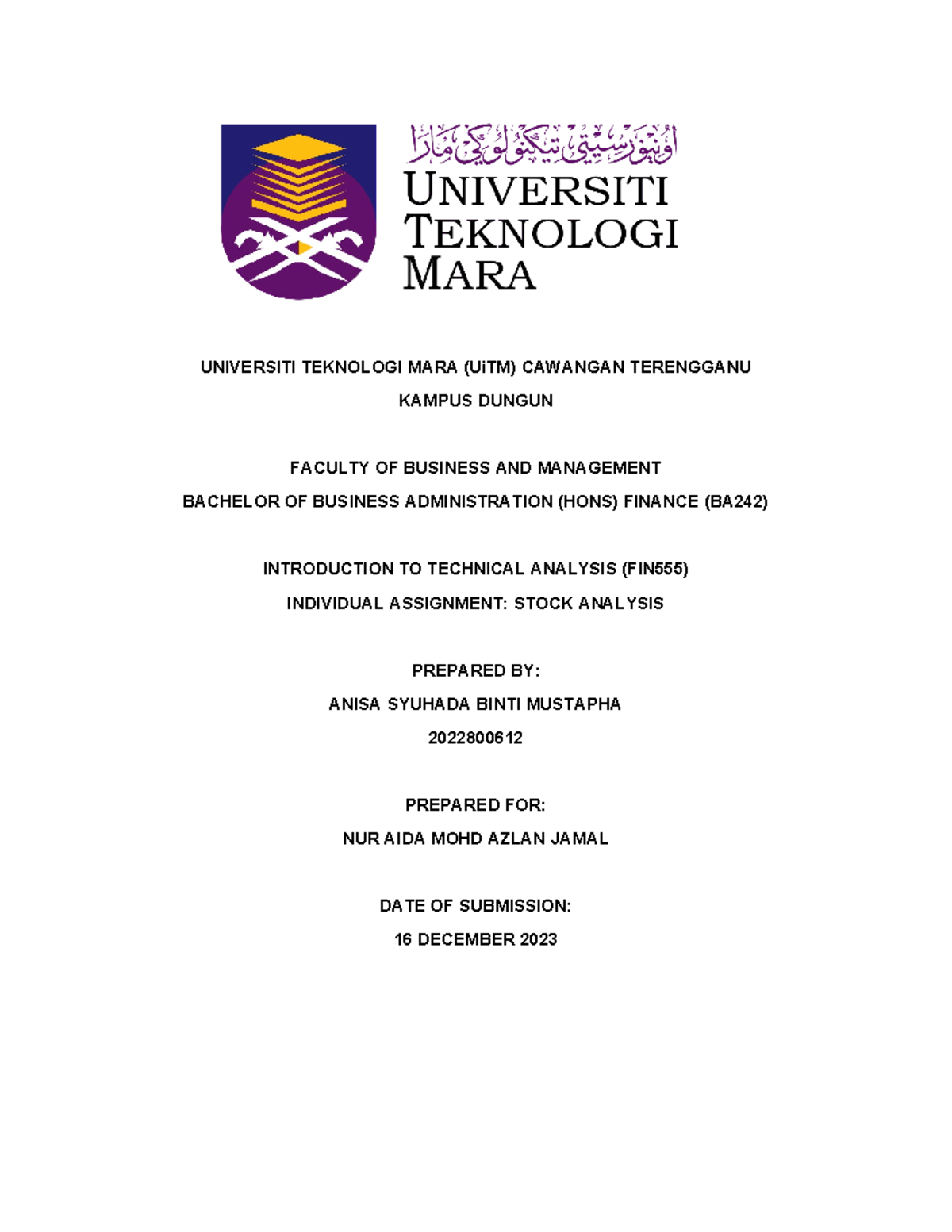 Individual Asg Fin555 - Introduction to technical Analysis - UNIVERSITI ...