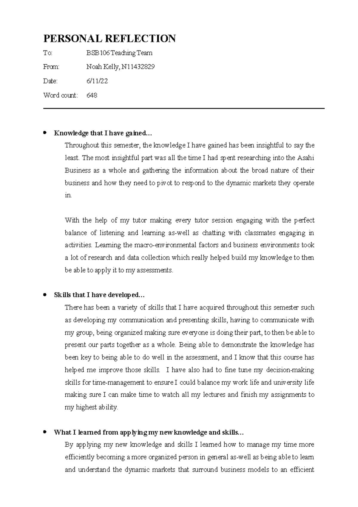 7.11.2022 Final Reflection report[ 10] - PERSONAL REFLECTION To: BSB106 ...