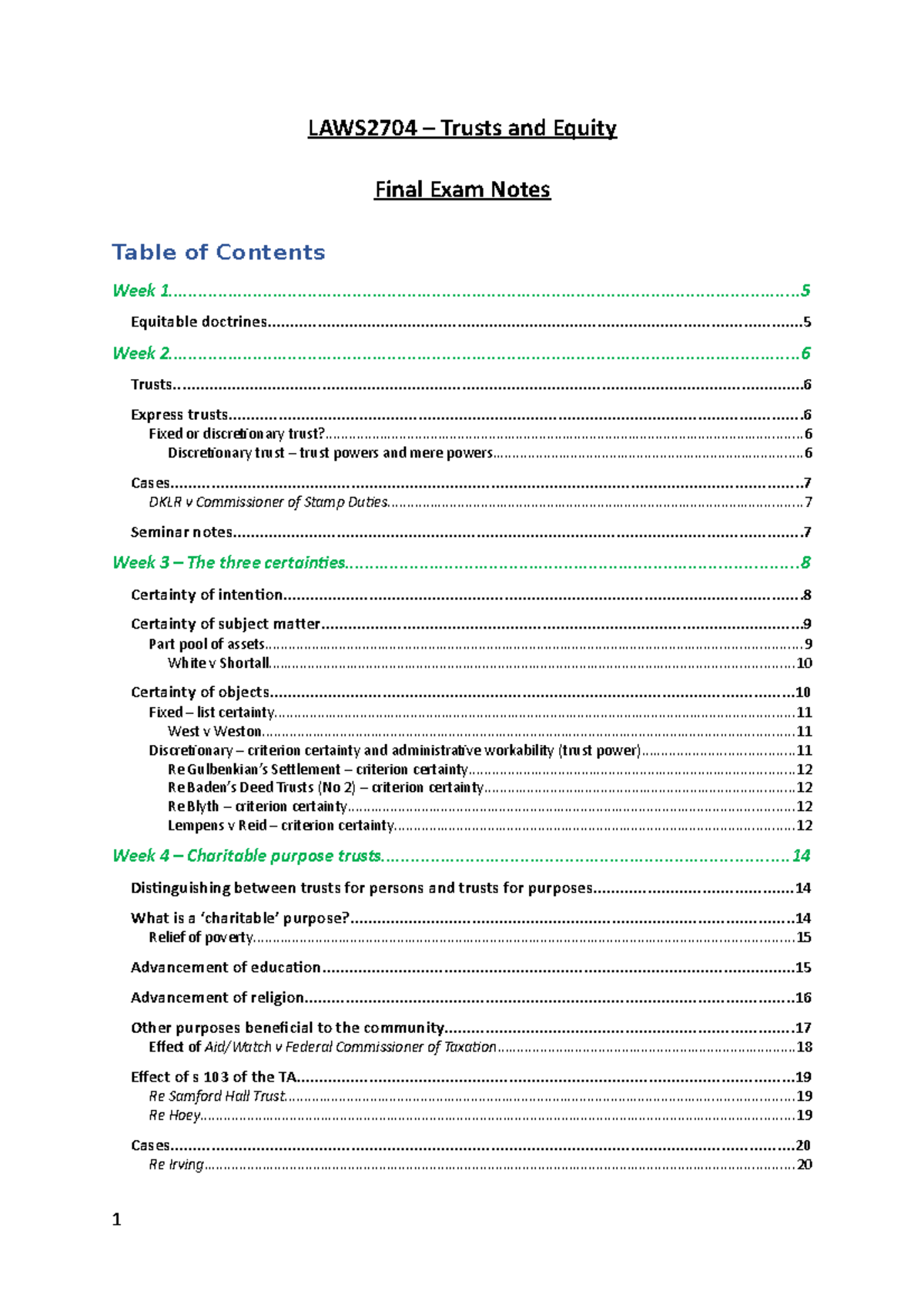 Trusts Final Exam Notes - LAWS2704 – Trusts And Equity Final Exam Notes ...