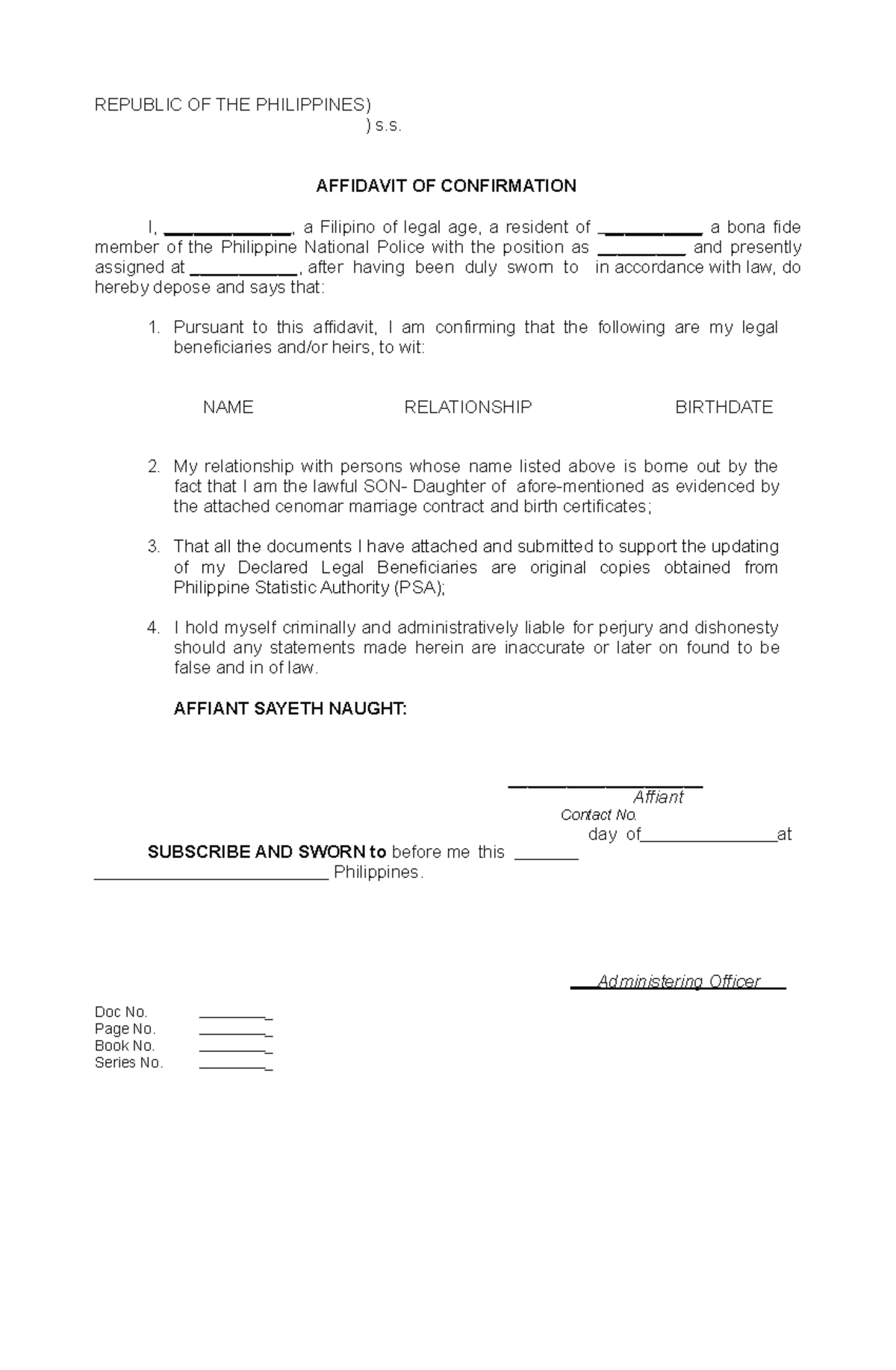 Affidavit OF Confirmation Single - REPUBLIC OF THE PHILIPPINES) ) s ...