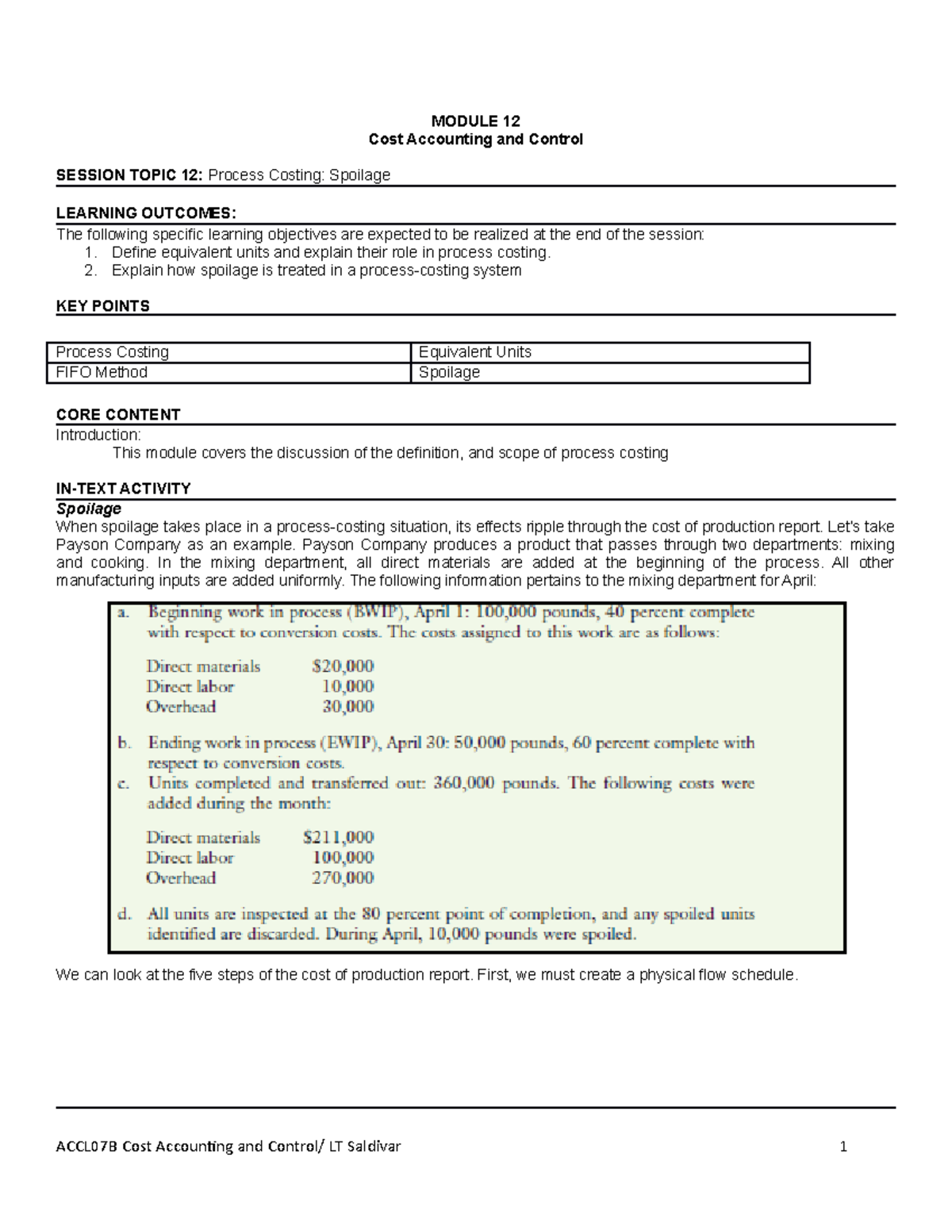 Accn07b. Module 12 - Process Costing - Spoilage - Cost Accounting - Studocu