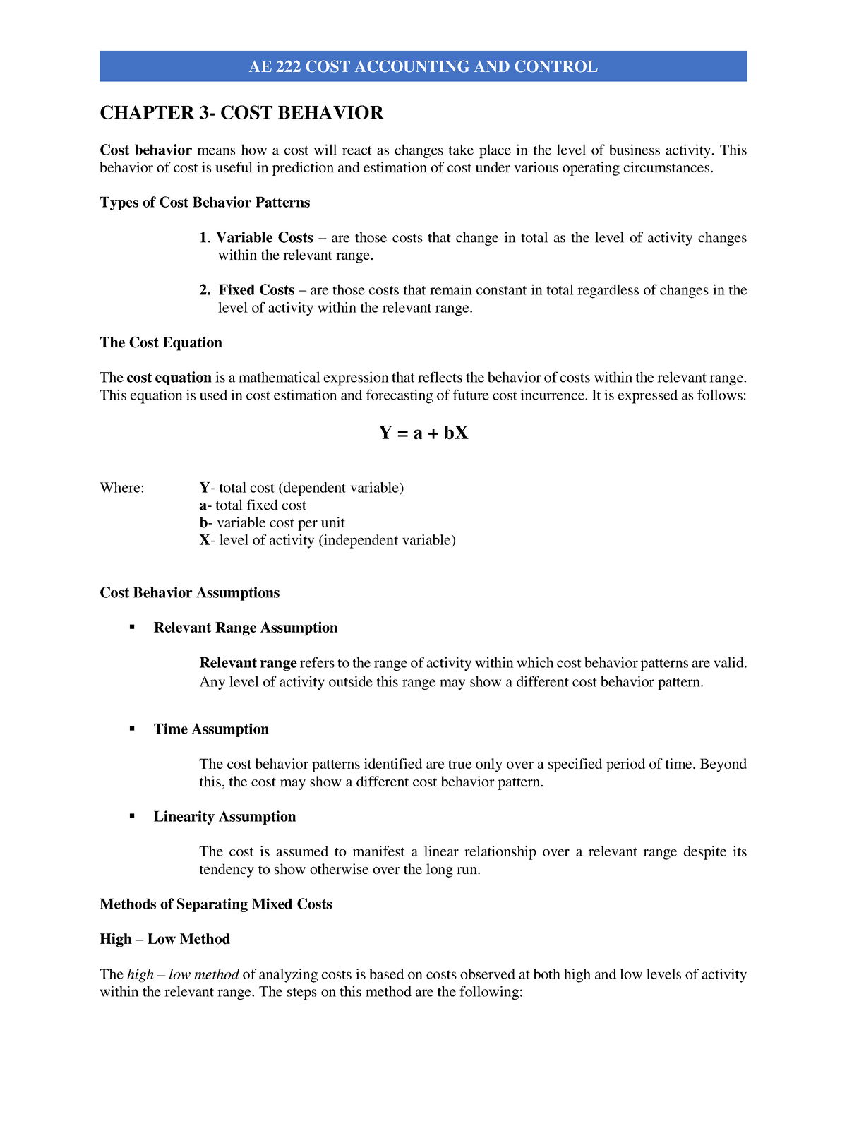 Chapter 3- Cost Behavior - CHAPTER 3- COST BEHAVIOR Cost Behavior Means ...