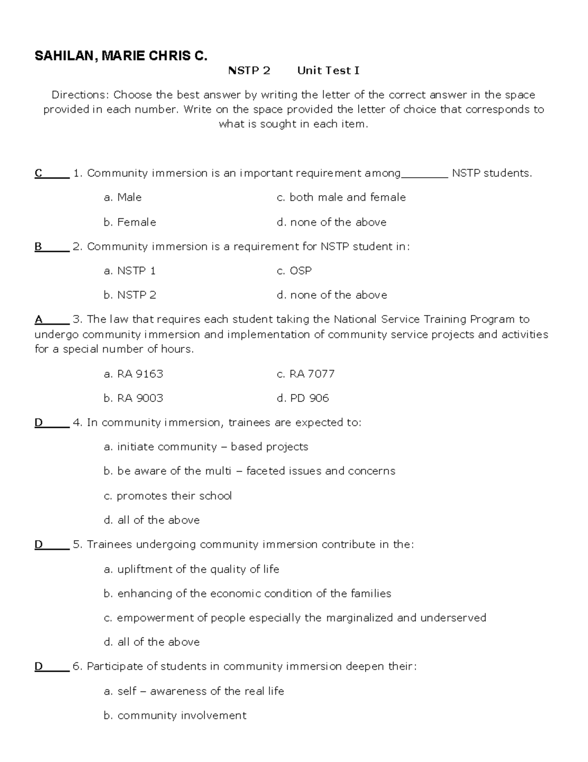 Sahilan Unit Test 1 - assessment 7a - SAHILAN, MARIE CHRIS C. NSTP 2 ...