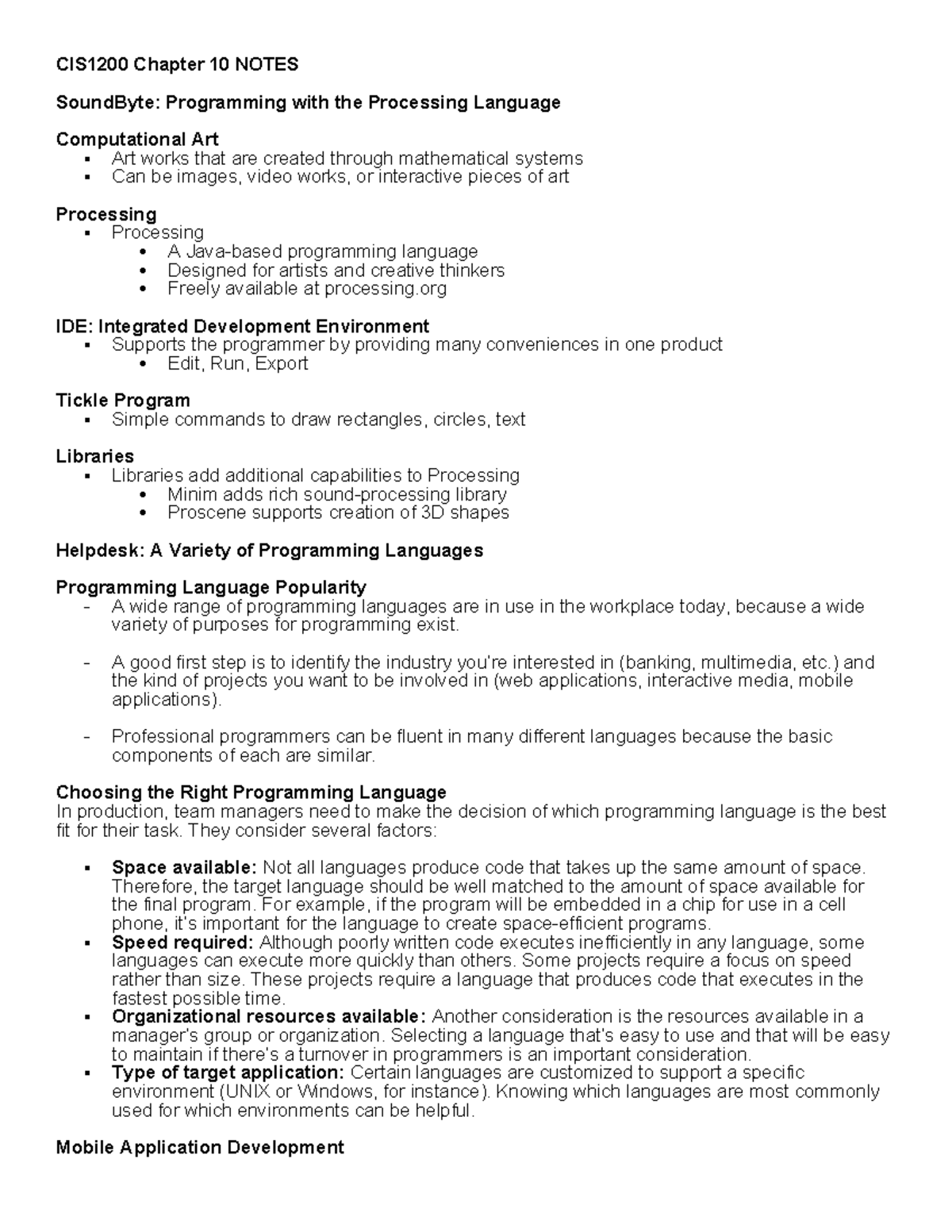 CIS1200 Chapter 10 Notes - CIS1200 Chapter 10 NOTES SoundByte ...