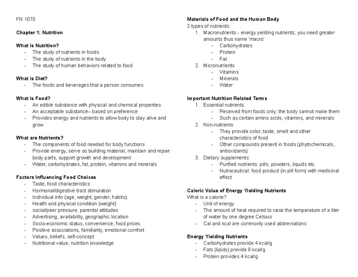 FN 1070 - first to second midterm - FN 1070 Chapter 1: Nutrition What ...