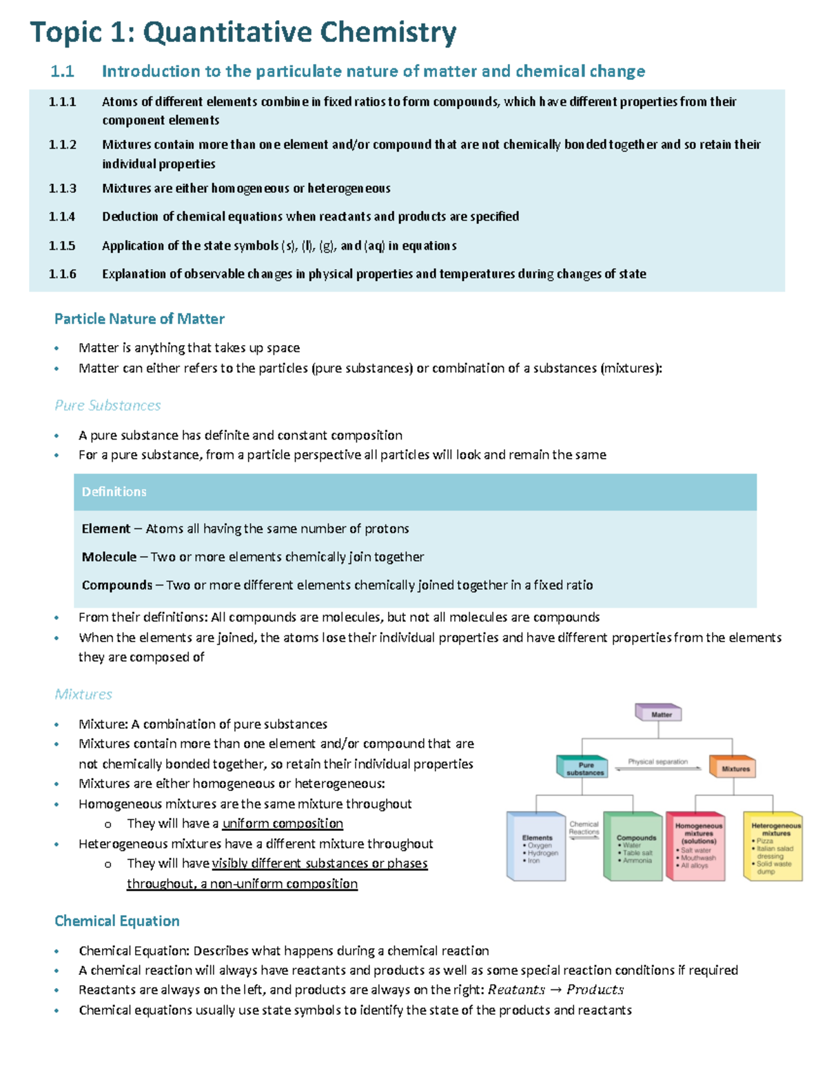 Topic 1 - chem notes - Topic 1: Quantitative Chemistry 1 Introduction ...