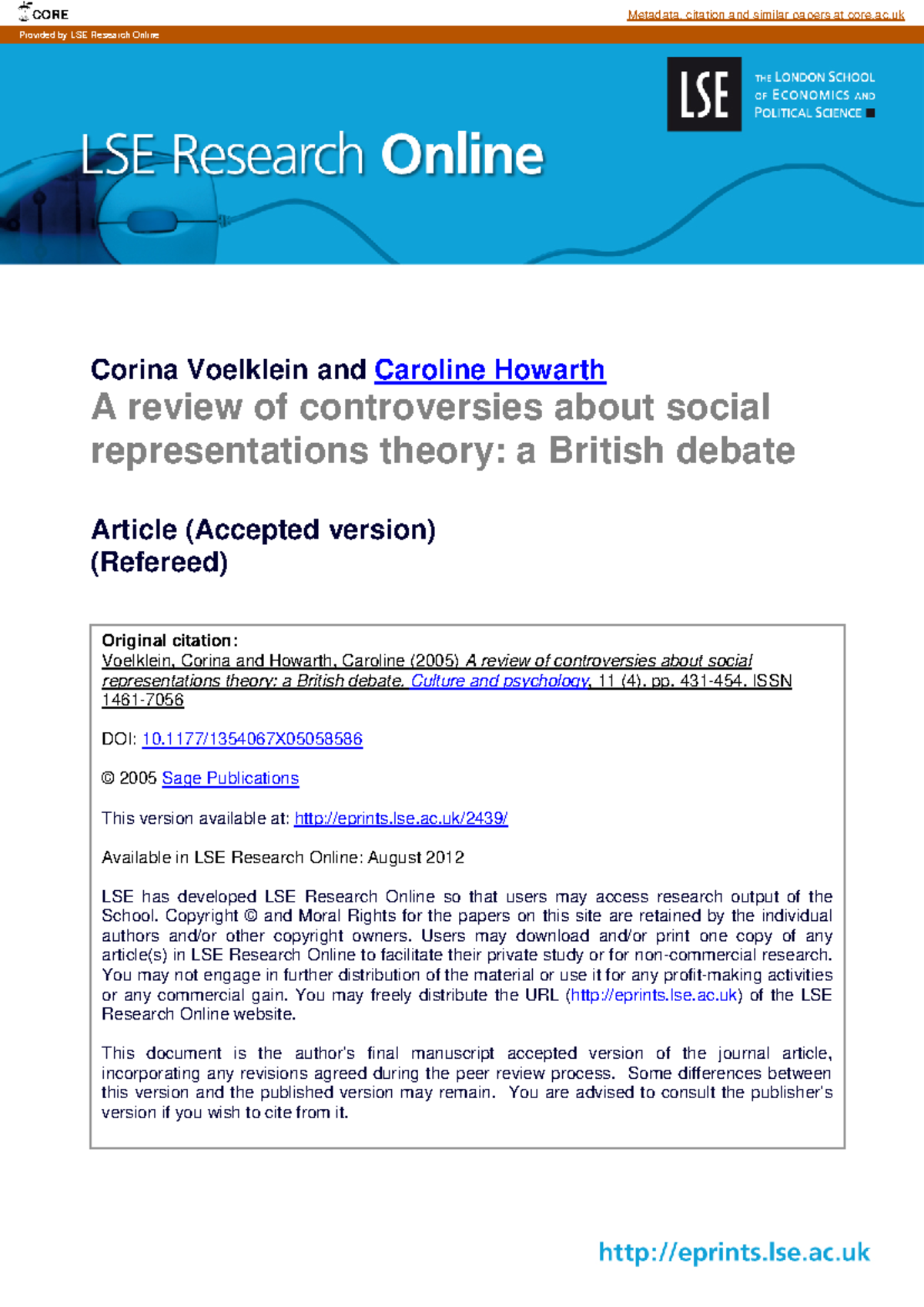 Criticism OF Social Representation - Corina Voelklein and Caroline ...