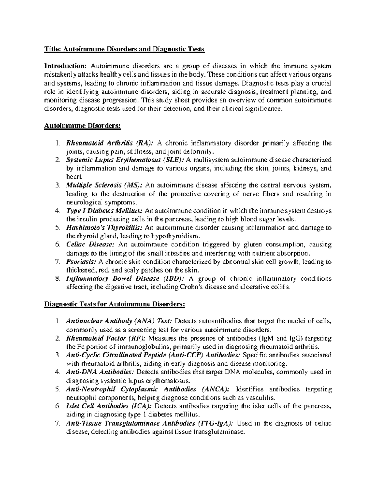 CC - Autoimmune Disorders and Diagnostic Tests - Title: Autoimmune ...
