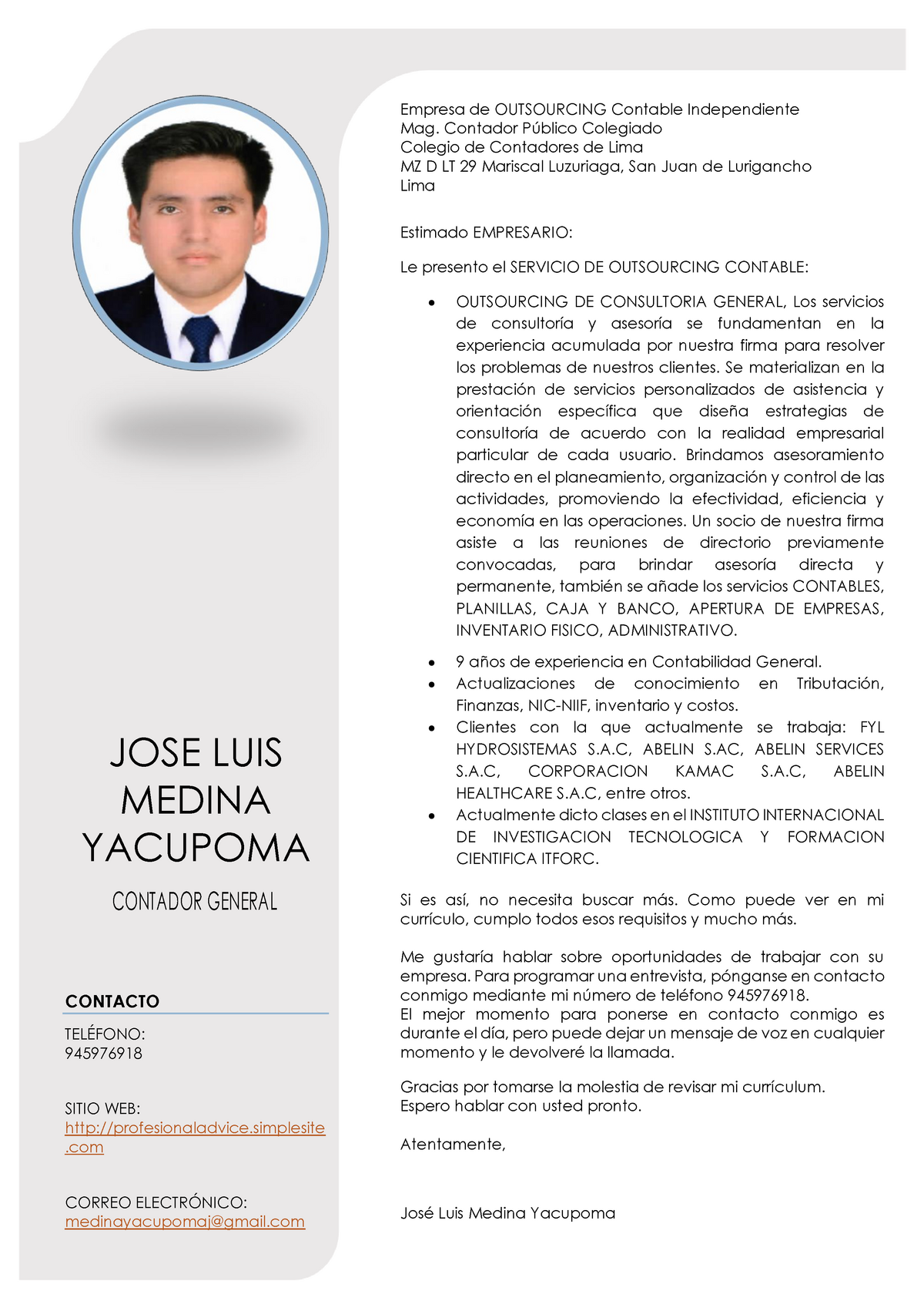 Carta DE Presentacion Outsourcing Contable - Empresa de OUTSOURCING  Contable Independiente Mag. - Studocu