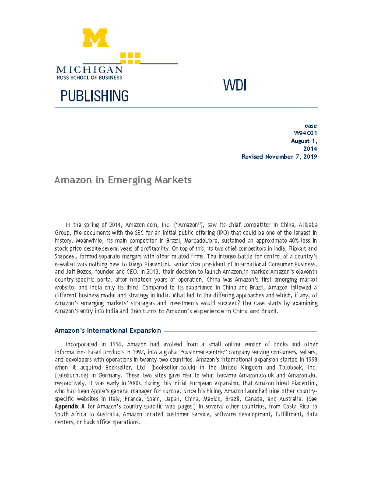 Amazon Case study case W94C August 1, 2014 Revised November 7, 2019