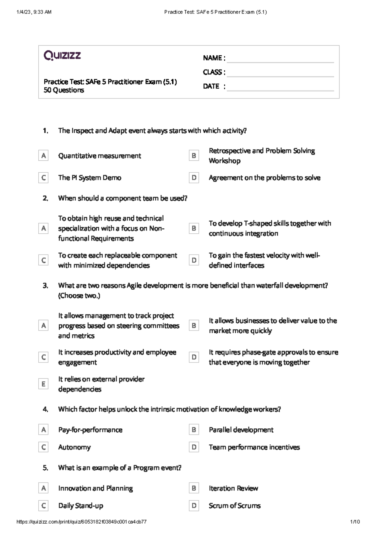 Practice Test SAFe 5 Practitioner Exam (5 - Practice Test: SAFe 5 ...