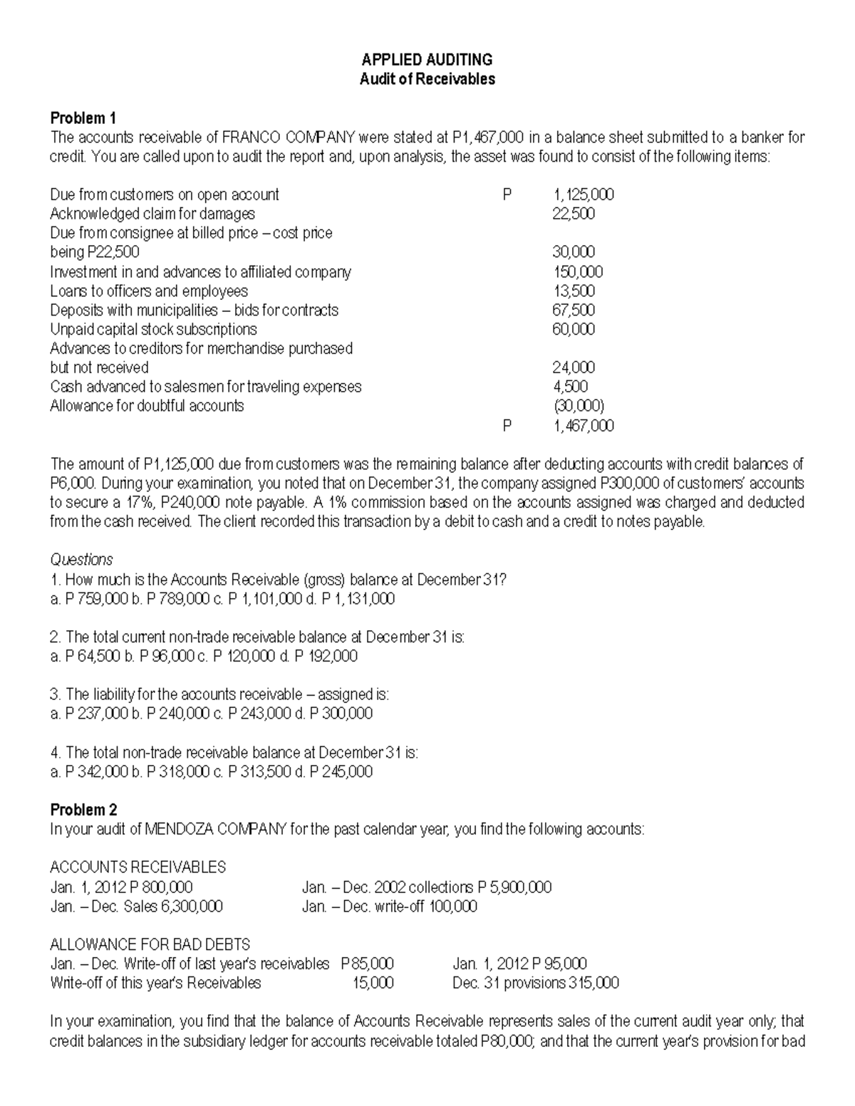 Toaz - Sample problems for audit - APPLIED AUDITING Audit of ...