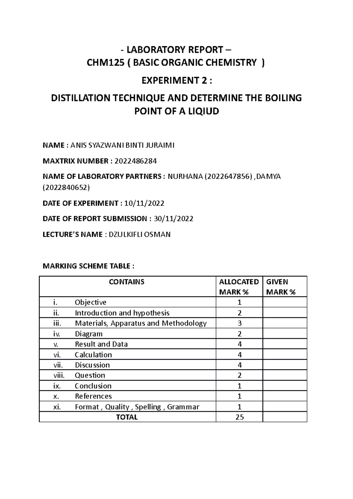 LAB Report EXP 2 hi hi LABORATORY REPORT CHM125 ( BASIC ORGANIC