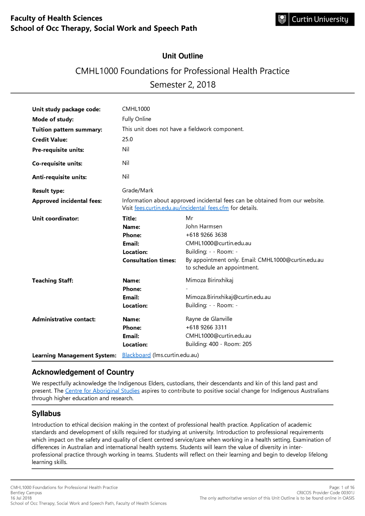 Cmhl1000 S2 Unit Outline 313394 Curtin Studocu