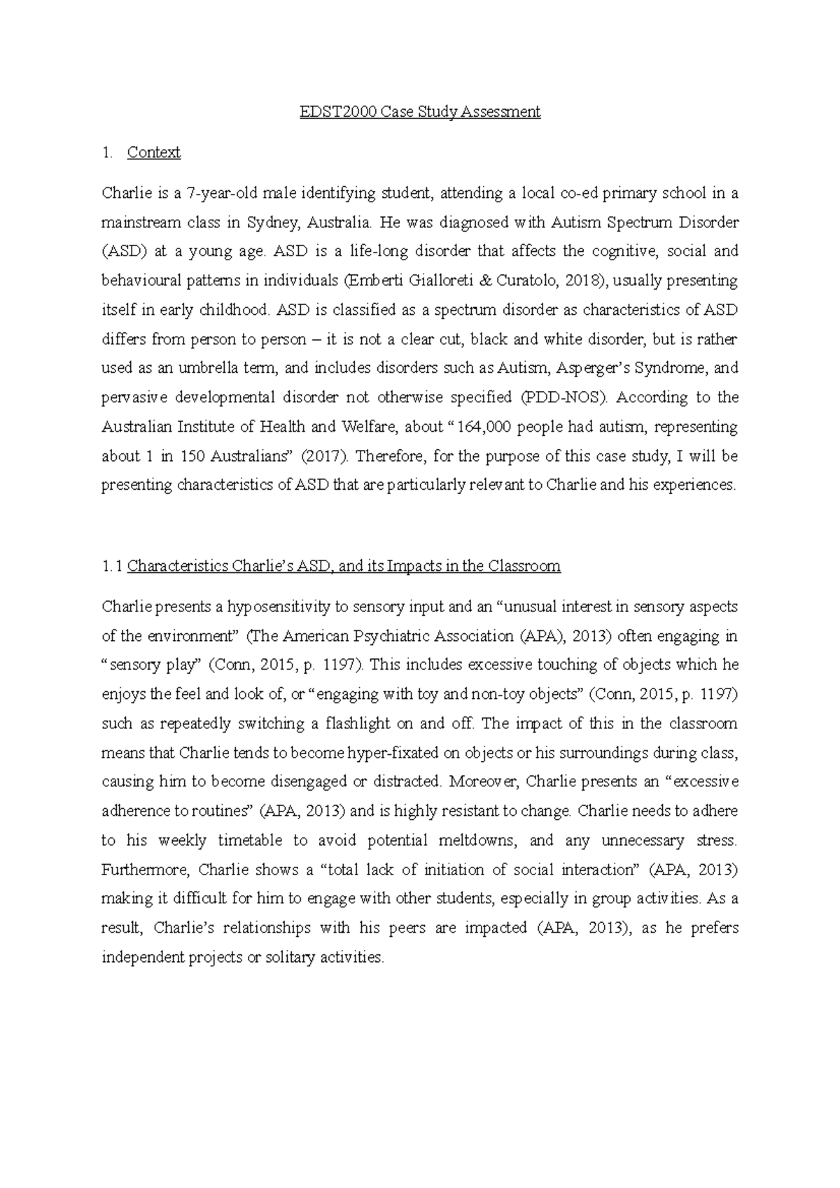 EDST2000 Case Study Assessment (Credit) - EDST2000 Case Study ...