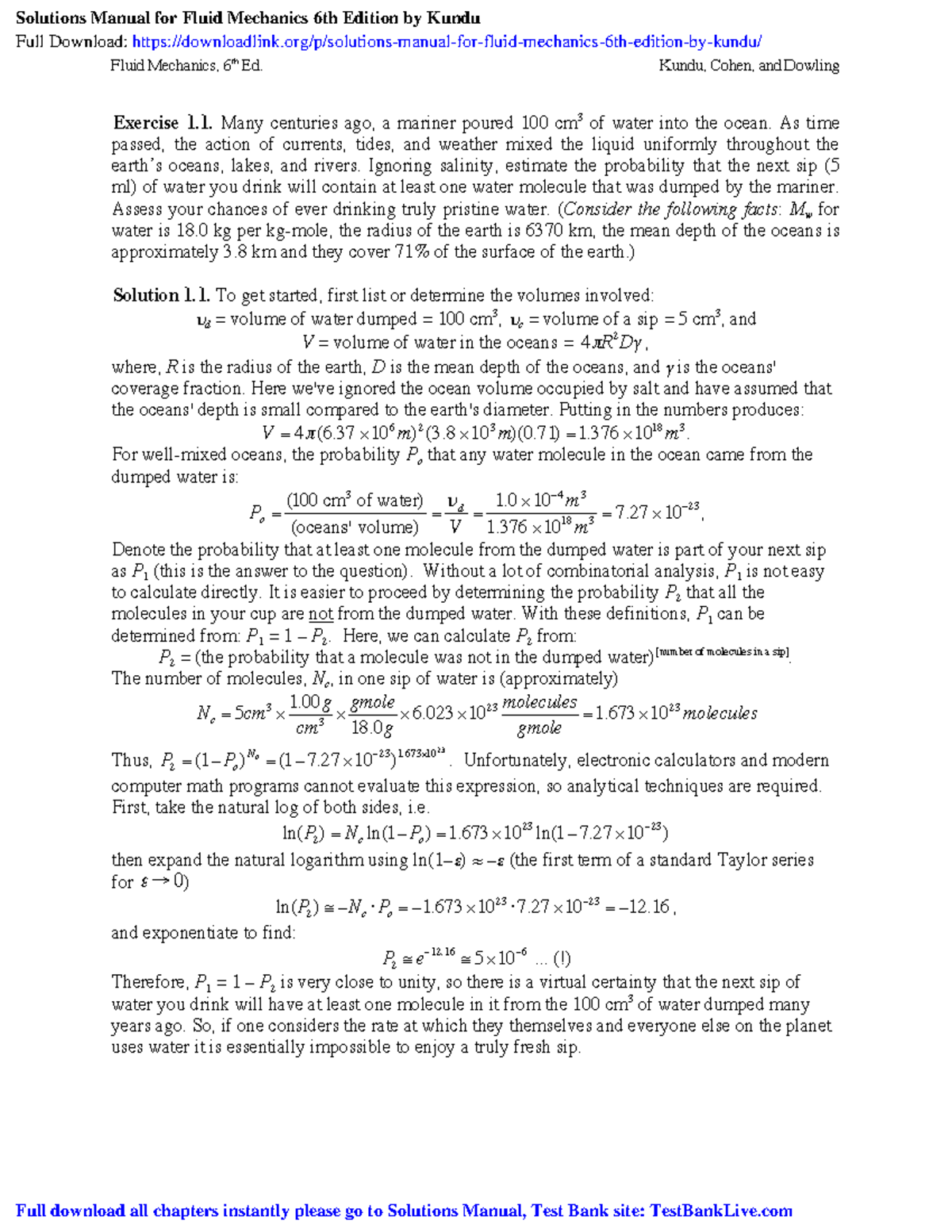 Solutions Manual for Fluid Mechanics 6th chapter 1 - Fluid Mechanics ...