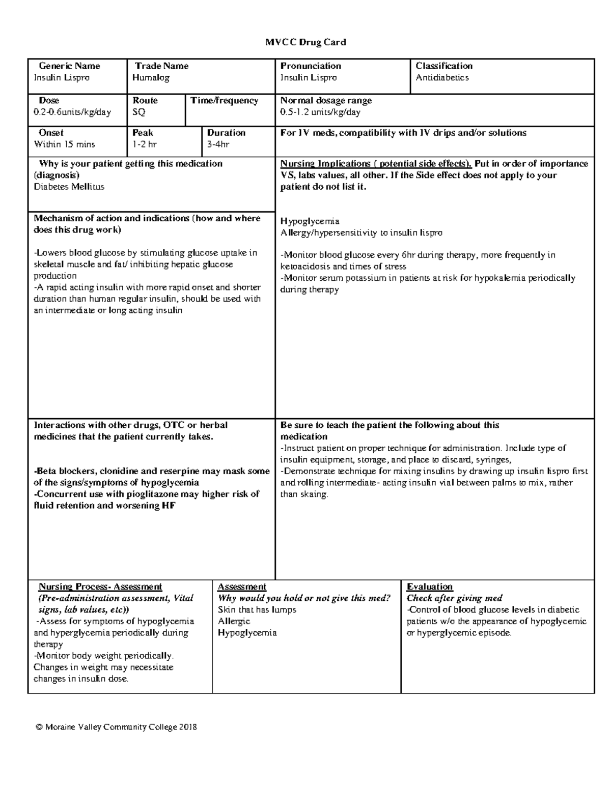 Insulin lispro drug card - MVCC Drug Card Generic Name Insulin Lispro ...