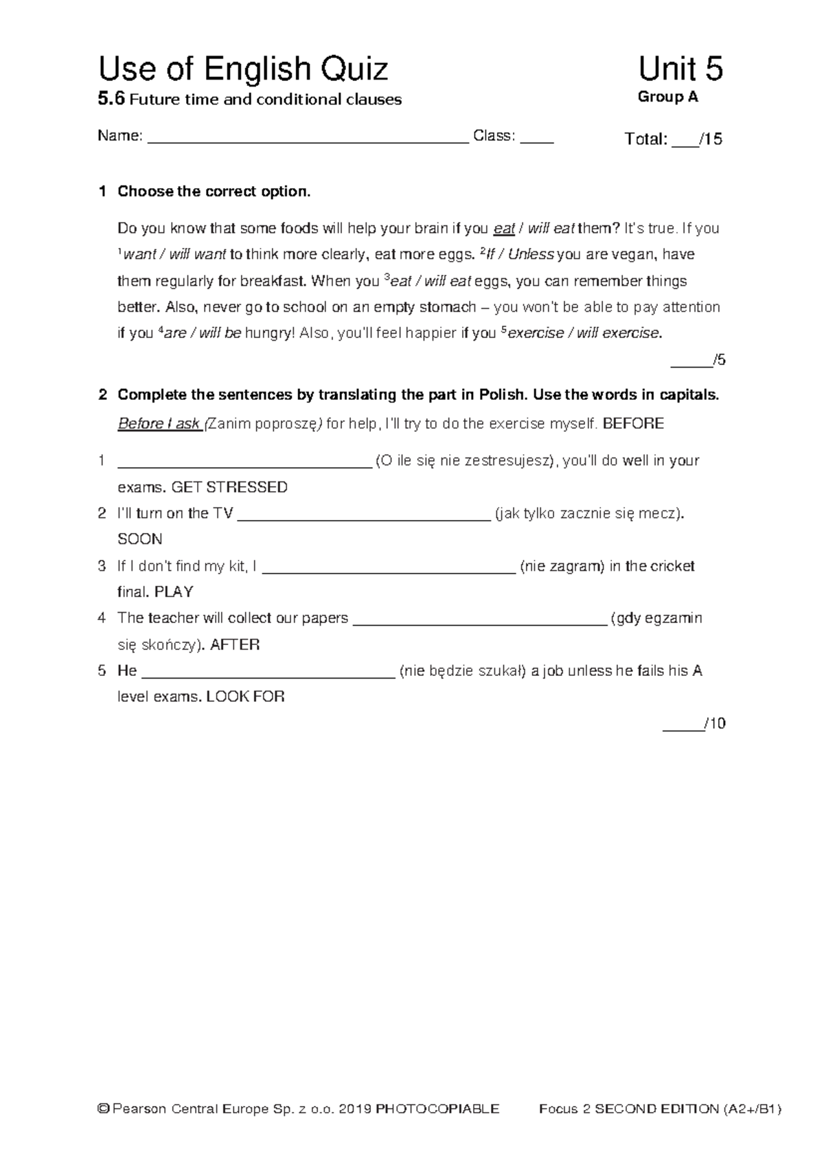 Focus 2 2ed Uo E Quiz Unit5 Group A - Use of English Quiz Unit 5 5 .6 ...