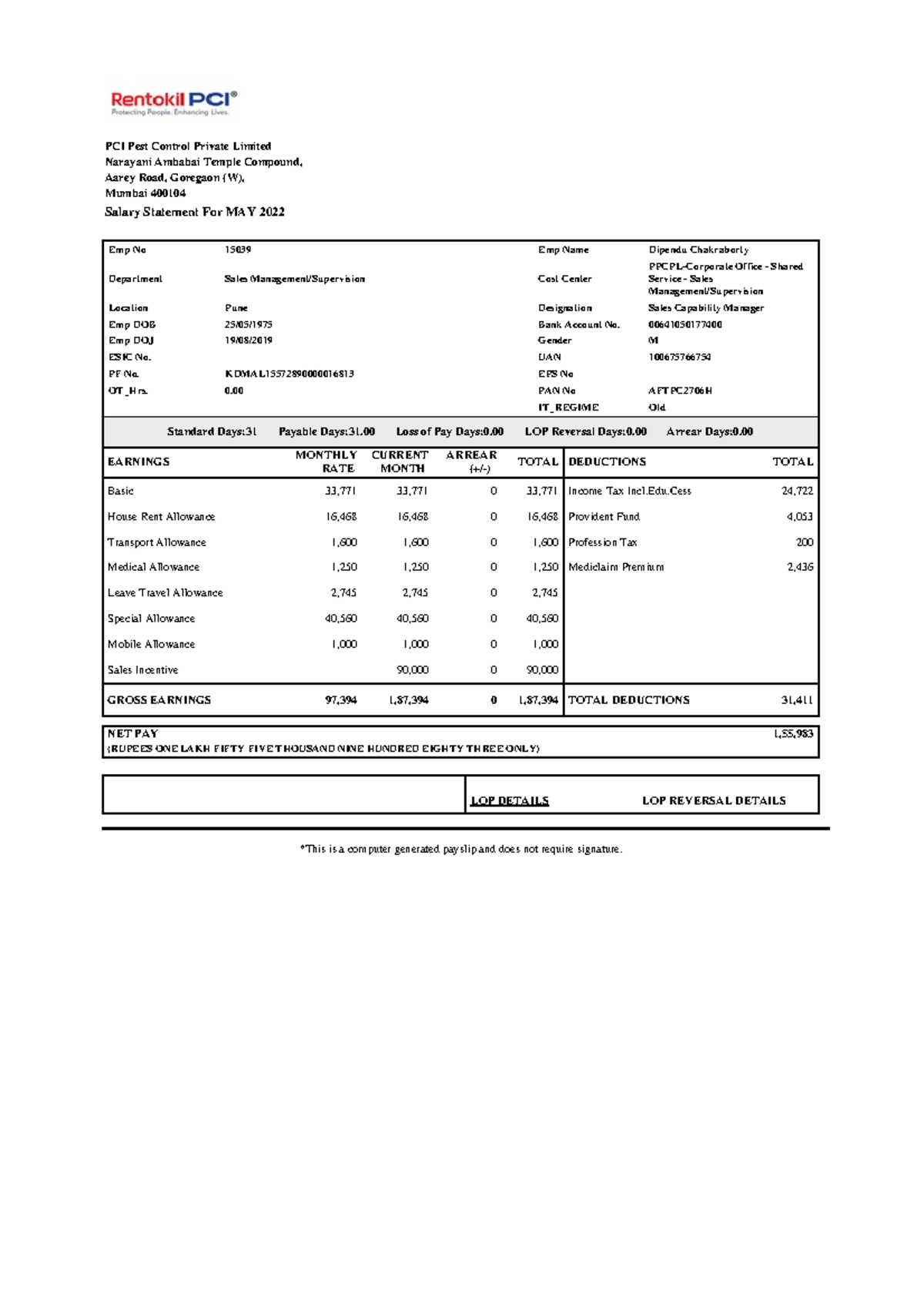 Salary Slip May 22i PCI Pest Control Private Limited Narayani Ambabai